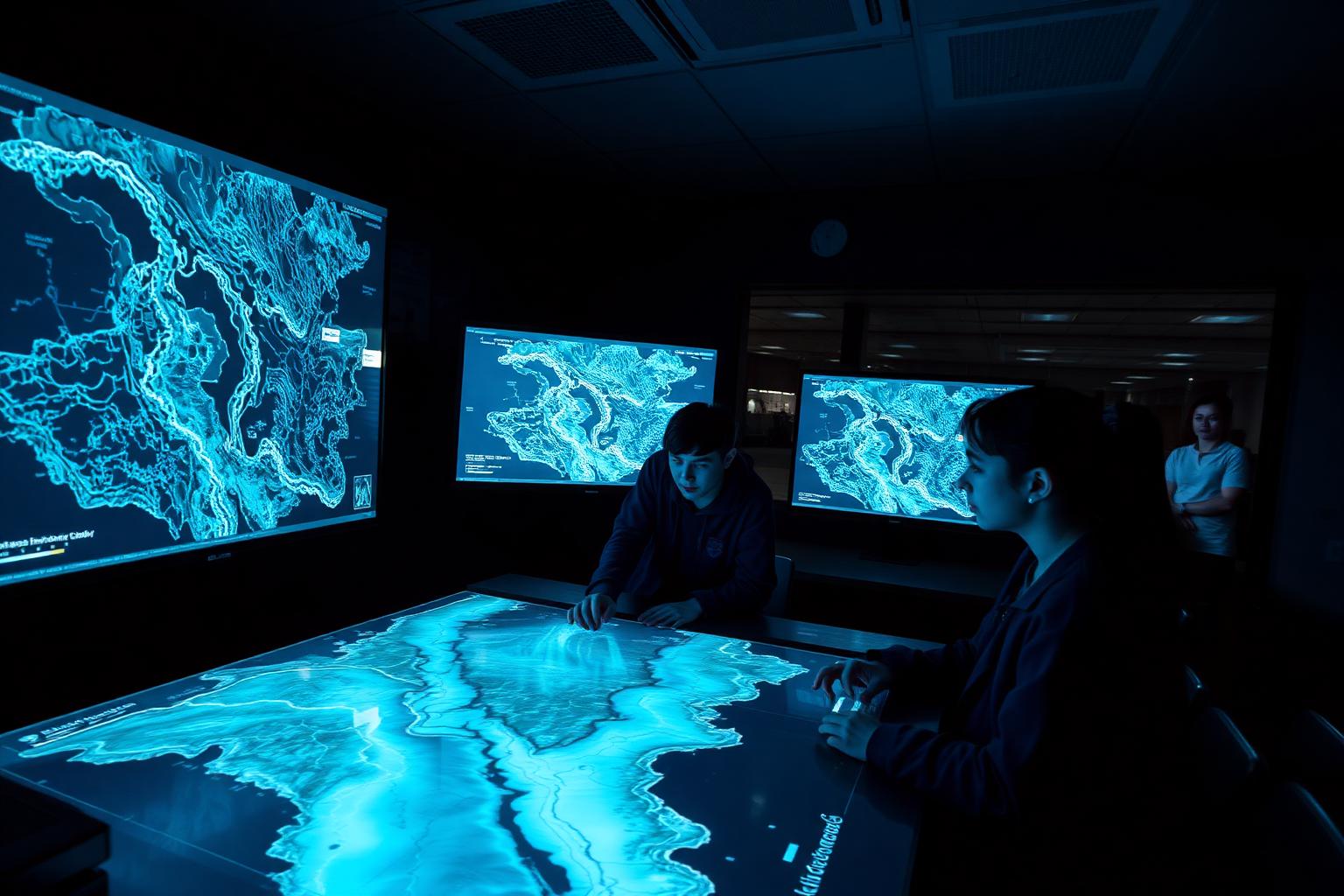 Estudiantes analizando un mapa topográfico digital con datos de cuencas hidrológicas